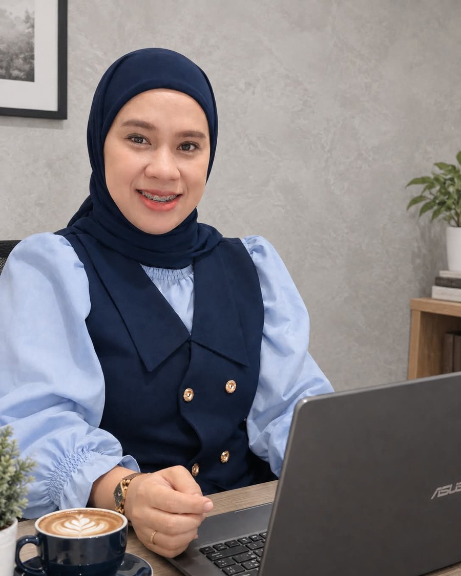 Portrait of Laili, Virtual Assistant, at her desk with a laptop